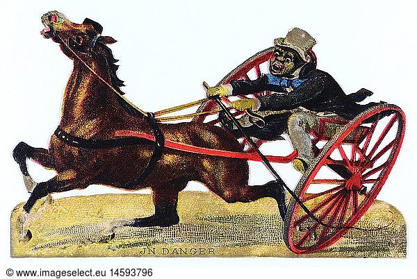 kitsch / souvenir  glossy prints  a black man having a crash with a two-wheeled coach  chromolithograph  late 19th century  autograph book picture  family album picture  sulky  sulkies  horse  horses  transport  transportation  coachman  coach driver  coachmen  Moor  racism  people  kitsch  hokum  coach  carriage  coaches  carriages  crash  crashes  chromolithograph  chromolithography  historic  historical  man  men  male