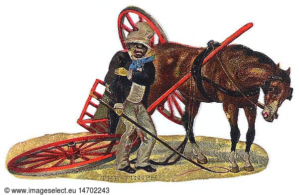 kitsch / souvenir  glossy prints  a black man with a collapsed two-wheeled coach  chromolithograph  late 19th century  autograph book picture  family album picture  sulky  sulkies  horse  horses  transport  transportation  coachman  coach driver  coachmen  Moor  racism  people  man  men  male  crash  crashes  breakdown  kitsch  hokum  coach  carriage  coaches  carriages  chromolithograph  chromolithography  historic  historical
