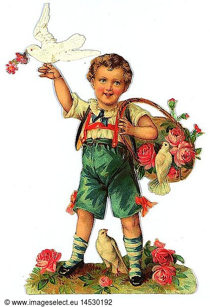kitsch / souvenir  glossy prints  a boy with flowers and doves  chromolithograph  late 19th century  autograph book picture  family album picture  traditional costume  national costume  dress  traditional costumes  national costumes  dresses  leather trousers  leather shorts  lederhosen  animals  animal  basket  baskets  people  child  children  kid  kids  male  kitsch  hokum  boy  boys  flowers  flower  doves  dove  chromolithograph  chromolithography  historic  historical