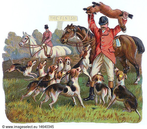 kitsch / souvenir  glossy prints  a hunter is protecting the fox against the hounds  chromolithograph  late 19th century  autograph book picture  family album picture  people  man  men  male  animals  animal  dog  hunting dogs  gun dogs  hounds  hunt  hunts  fox hunting  fox huntings  hunt saboteur  kitsch  hokum  hunter  hunters  protecting  protect  fox  foxes  chromolithograph  chromolithography  historic  historical