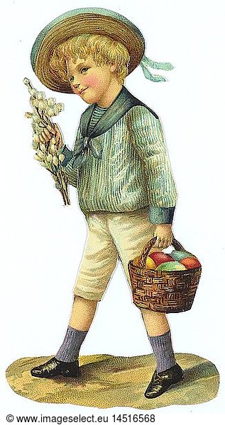 kitsch / souvenir  glossy prints  boy with catkin and basket full of Easter eggs  chromolithograph  late 19th century  autograph book pictures  family album picture  people  child  children  kid  kids  male  festivities  festivity  Easter  painted eggs  sailor suit  clothes  hat  hats  kitsch  hokum  boy  boys  basket  baskets  Easter eggs  Easter egg  chromolithograph  chromolithography  historic  historical