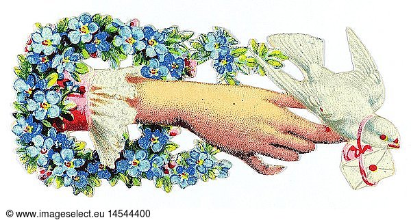 kitsch / souvenir  glossy prints  female hand with flowers and dove  chromolithograph  late 19th century  autograph book picture  family album picture  people  female  animals  animal  birds  bird  plant  plants  flowers  flower  forget-me-not  love letter  love letters  kitsch  hokum  hand  hands  dove  doves  chromolithograph  chromolithography  historic  historical