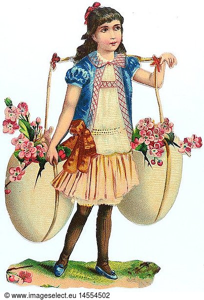 kitsch / souvenir  glossy prints  girl with carrying pole and eggs full of flowers  chromolithograph  late 19th century  autograph book pictures  family album picture  people  child  children  kid  kids  plant  plants  festivities  festivity  Easter  shoulder pole  shoulder poles  yoke  carrying  carry  kitsch  hokum  girl  girls  female  egg  eggs  flowers  flower  chromolithograph  chromolithography  historic  historical