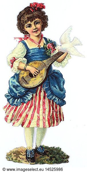 kitsch / souvenir  glossy prints  girl with mandolin and dove  chromolithograph  late 19th century  autograph book picture  family album picture  animals  animal  pigeon  pigeons  music  musical instrument  instrument  musical instruments  instruments  people  child  children  kid  kids  kitsch  hokum  girl  girls  female  mandolin  mandolins  dove  doves  chromolithograph  chromolithography  historic  historical