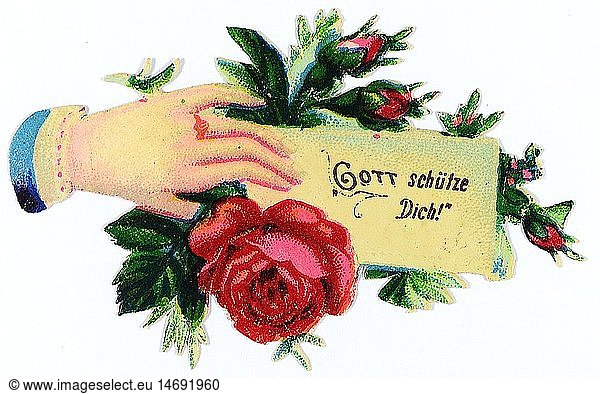 kitsch / souvenir  glossy prints  hand with rose and card 'God may guard you'  chromolithograph  late 19th century