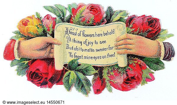 kitsch / souvenir  glossy prints  hands holding a poem in front of a bouquet of roses  chromolithograph  late 19th century  autograph book picture  family album picture  people  plant  plants  flowers  flower  scroll  kitsch  hokum  holding  hold  motto  mottoes  chromolithograph  chromolithography  historic  historical