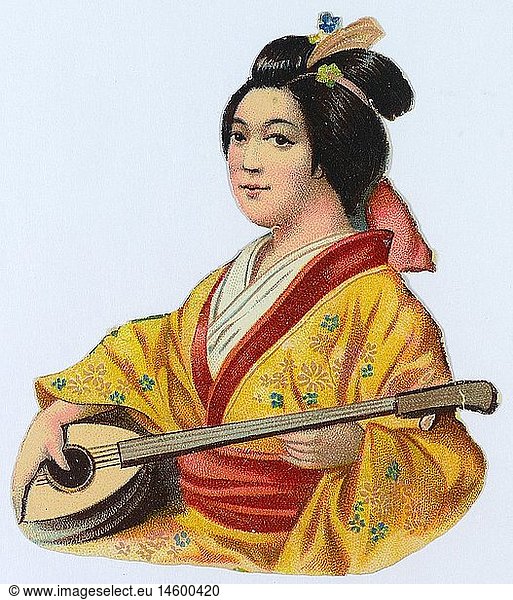 kitsch / souvenir  glossy prints  picture of a Japanese geisha with shamisen  chromolithograph  late 19th century  autograph book pictures  family album picture  people  woman  women  female  clothes  fashion  hair style  hairstyle  hairdo  haircut  hair styles  hairstyles  haircuts  Japanese  Japan  music  musician  musicians  musical instrument  instrument  musical instruments  instruments  kitsch  hokum  geisha  geishas  chromolithograph  chromolithography  historic  historical