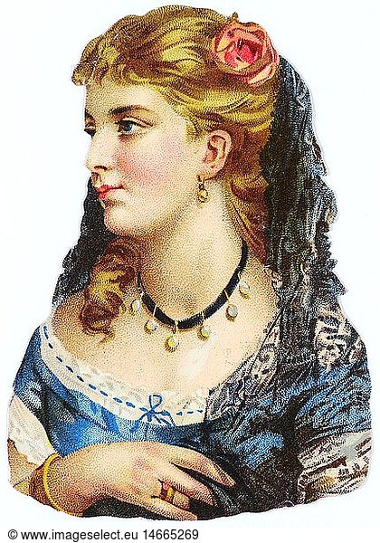 kitsch / souvenir  glossy prints  portrait a woman  chromolithograph  late 19th century  autograph book pictures  family album picture  people  female  clothes  hair style  hairstyle  hairdo  haircut  hair styles  hairstyles  haircuts  flower  flowers  hair  fashion  kitsch  hokum  woman  women  chromolithograph  chromolithography  historic  historical  jewellery  jewelry