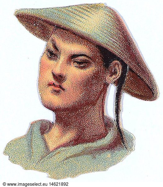 kitsch / souvenir  glossy prints  portrait of a Chinese man with straw hat  chromolithograph  late 19th century  autograph book pictures  family album picture  people  man  men  male  clothes  Chinese  China  kitsch  hokum  straw hat  straw hats  boater  chromolithograph  chromolithography  historic  historical