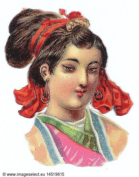 kitsch / souvenir  glossy prints  portrait of a Chinese woman  chromolithograph  late 19th century  autograph book pictures  family album picture  people  female  clothes  fashion  hair style  hairstyle  hairdo  haircut  hair styles  hairstyles  haircuts  Chinese  China  kitsch  hokum  woman  women  chromolithograph  chromolithography  historic  historical
