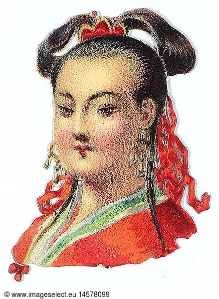 kitsch / souvenir  glossy prints  portrait of a Chinese woman  chromolithograph  late 19th century  autograph book pictures  family album picture  people  female  clothes  fashion  hair style  hairstyle  hairdo  haircut  hair styles  hairstyles  haircuts  Chinese  China  kitsch  hokum  woman  women  chromolithograph  chromolithography  historic  historical