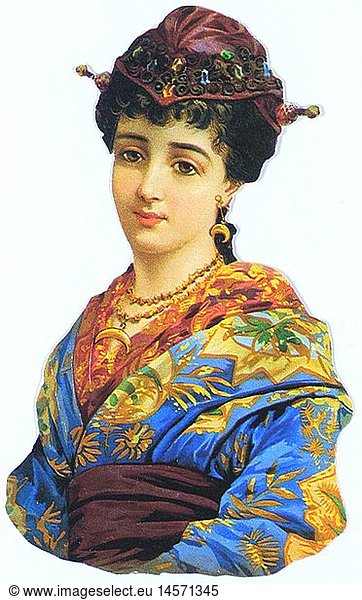 kitsch / souvenir  glossy prints  portrait of a woman from the Ottoman Empire  chromolithograph  late 19th century  autograph book pictures  family album picture  people  female  clothes  fashion  jewellery  jewelry  ear ring  earring  ear rings  earrings  crescent moon  crescent  crescent of the moon  crescents  headscarf  headscarves  kitsch  hokum  woman  women  Ottoman  Ottoman Empire  chromolithograph  chromolithography  historic  historical