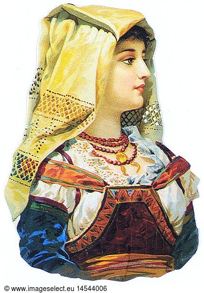 kitsch / souvenir  glossy prints  portrait of a woman Neapolitan costume  chromolithograph  late 19th century  autograph book pictures  family album picture  people  female  clothes  fashion  headscarf  headscarves  Naples  Napoli  Italy  kitsch  hokum  woman  women  costume  costumes  chromolithograph  chromolithography  historic  historical