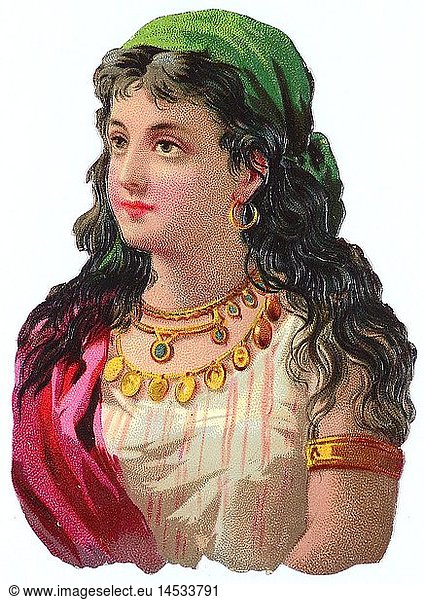 kitsch / souvenir  glossy prints  portrait of a woman southern costume  chromolithograph  late 19th century  autograph book pictures  family album picture  people  female  clothes  fashion  headscarf  headscarves  jewellery  jewelry  ear ring  earring  ear rings  earrings  kitsch  hokum  woman  women  costume  costumes  chromolithograph  chromolithography  historic  historical