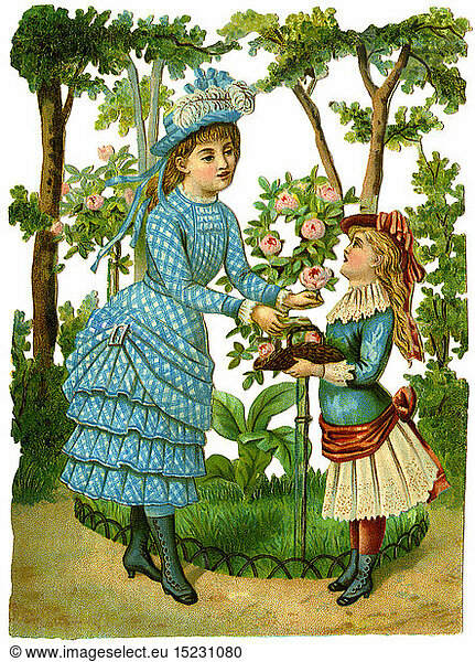 kitsch / souvenir  mother and daughter picking flowers  scrap-picture  chromolithograph  Germany  1876
