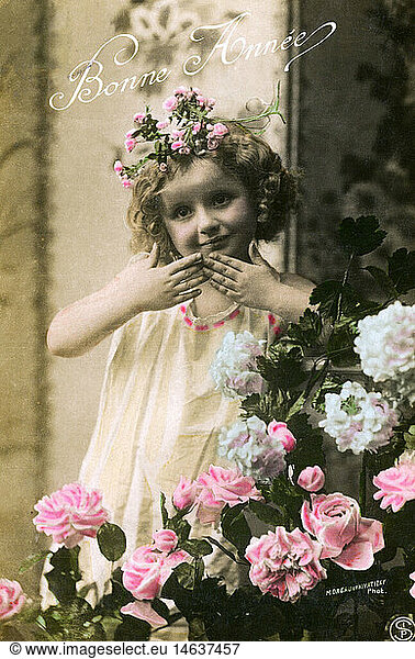 kitsch / souvenir  postcard  New Year  'Bonne Annee' (Happy New Year!)  postcard  child with roses  France  circa 1900