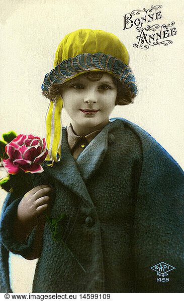 kitsch / souvenir  postcard  New Year  'Bonne Annee' (Happy New Year)  postcard  coloured  child with rose  France  circa 1900