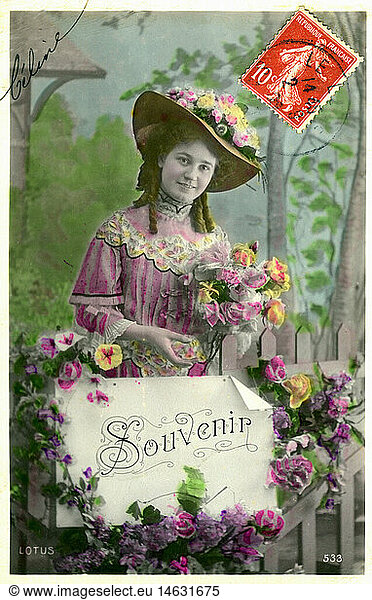 kitsch / souvenir  postcard  'Souvenir'  girl with bunch of flowers  postcard  coloured  France  circa 1900