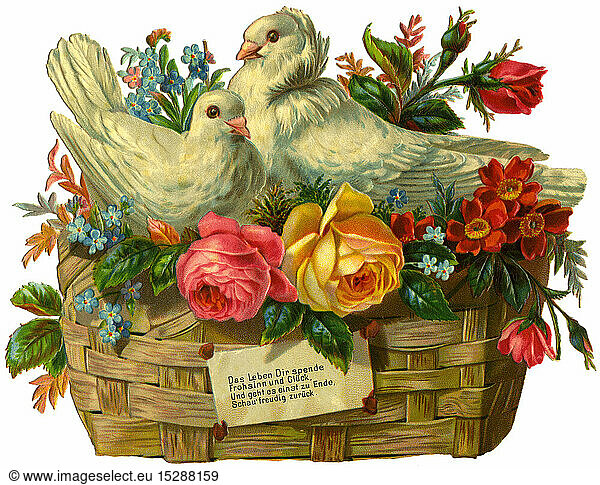 kitsch / souvenir  two turtledoves in the flower basket  scrap-picture  chromolithograph  Germany  1876