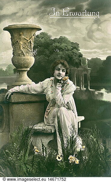 kitsch / souvenir  woman in joyful anticipation  waiting in park for his lover  Germany  1921