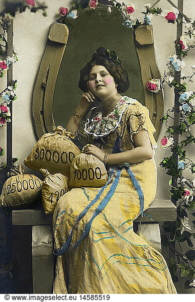 kitsch / souvenir  woman with money bags  Germany  circa 1908