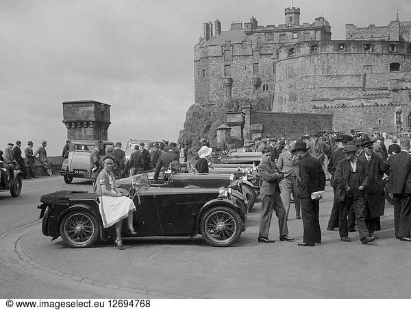 Kitty Brunell and her MG Magna on Castle Esplanade  Edinburgh  RSAC Scottish Rally  1932. Artist: Bill Brunell.