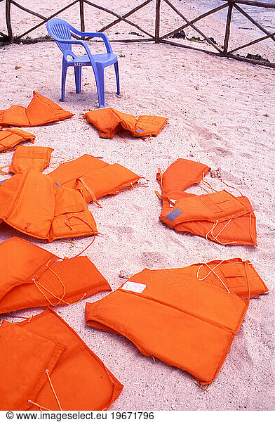 Kizimkazi Dimbani village beach. Life jackets used by Tourists when going out Do