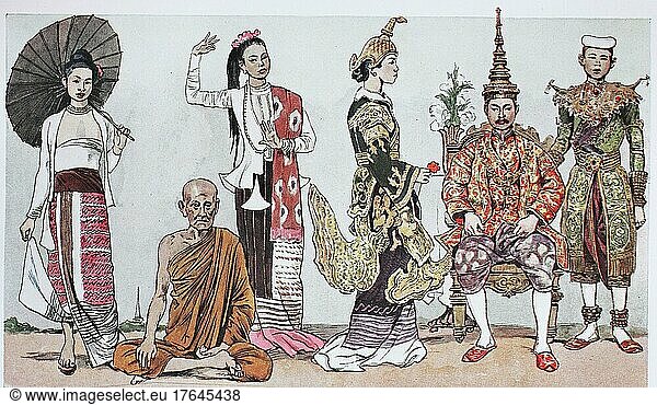 Kleidung  Mode in Burma und Siam  von links  eine Dame aus Mandalai  ein buddhistischer Priester und eine Tänzerin aus Burma  dann die königliche Familie von Siam in traditioneller Hoftracht  digital restaurierte Reproduktion einer Originalvorlage aus dem 19. Jahrhundert