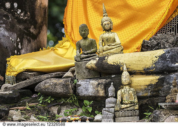 Kleine Buddha-Statuen in den Ruinen des Wat Piawat-Tempels  der im Indochinakrieg zerstört wurde; Muang Khoun  Xiangkhouang  Laos