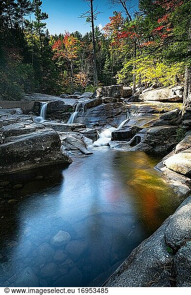 Kleine Wasserfälle in einem Wald in Neuengland im Herbst.