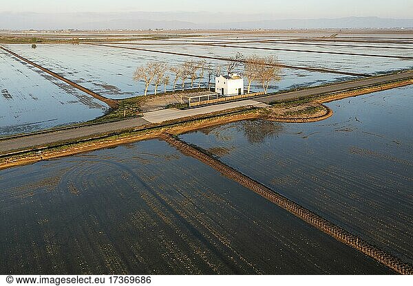 Kleines Bauernhaus inmitten überschwemmter Reisfelder im Mai  Luftbild  Drohnenaufnahme  Naturschutzgebiet Ebro-Delta  Provinz Tarragona  Katalonien  Spanien  Europa