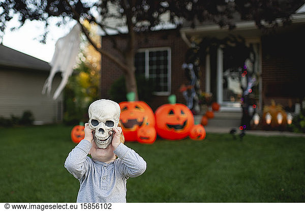 Kleinkind hält Skelettkopf vor der Halloween-Dekoration