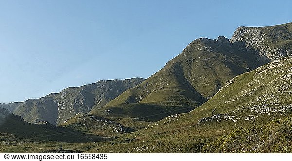 Kleinmond  Westkap  Südafrika. Dez2019. Die Hottentots-Holland-Berge sehen grün aus  da die Flora und Fauna nach einem Brand wieder wächst.