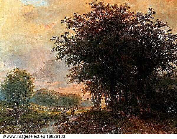 Klombeck Johann Bernard - ein bewaldetes Flusstal mit Bauern auf einem Weg und Vieh auf einer Wiese dahinter - Belgische Schule - 19. Jahrhundert.