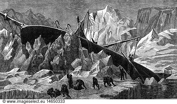 Koldewey  Karl  16.10.1837 - 18.5.1908  dt. Polarforscher  Szene  das versinkende Wrack der 'Hansa'  Eisberge  19.10.1869  Lithographie