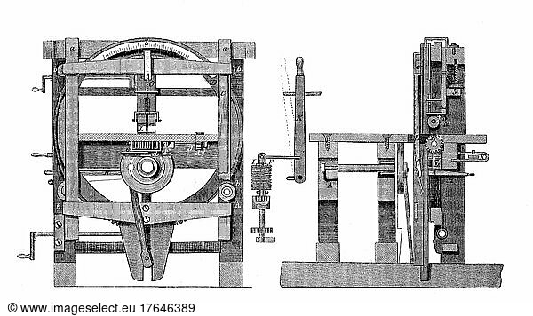 Konstruktion einer Maschine  die Holz in Biegungen und schräge Flächen schneidet  durch W. Clark  digital restaurierte Reproduktion einer Originalvorlage aus dem 19. Jahrhundert  genaues Originaldatum nicht bekannt
