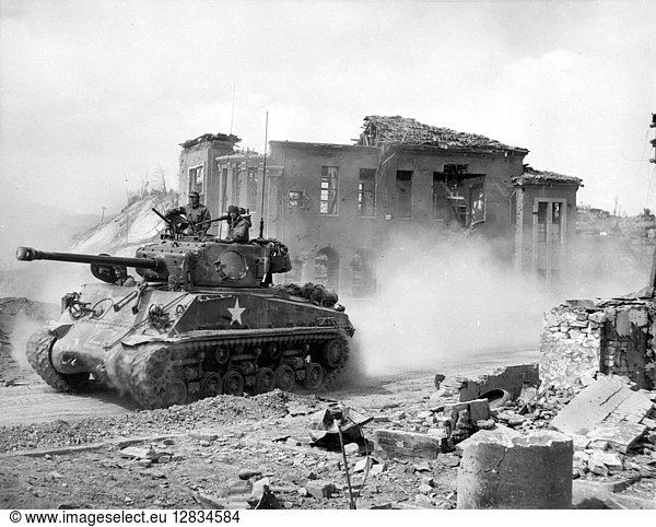 KOREAN WAR  1951. An American First Division tank drives north through Chuncheon  South Korea. Photograph  March 1951.