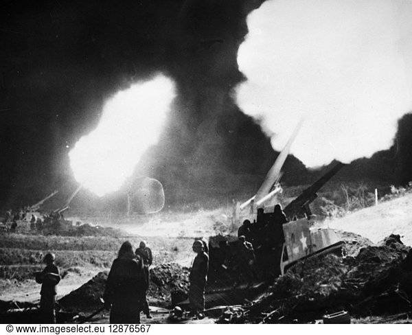 KOREAN WAR: ARTILLERY. American infantry firing 155mm cannon near the front lines  five miles south of the Imjin River. Photographed 1951.