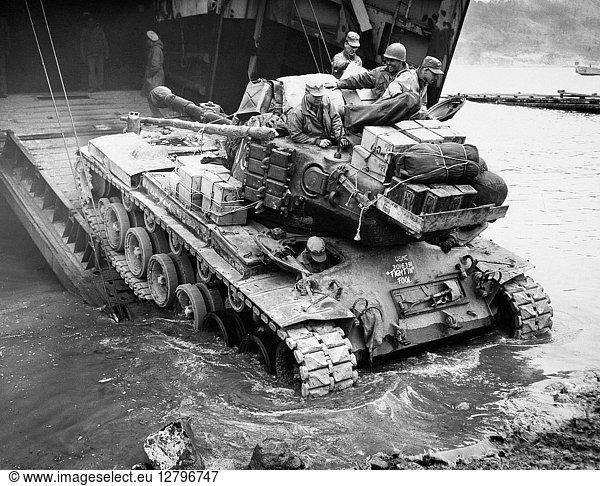 KOREAN WAR: INCHON  1952. A United States Marine Corps tank rolls onto the beach at Inchon  South Korea in April 1952.