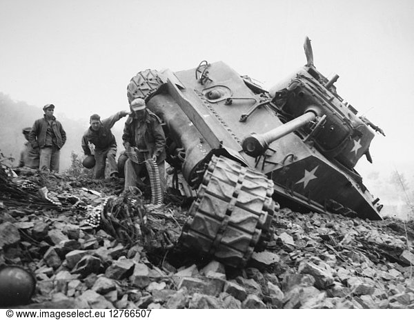 KOREAN WAR: WRECKED TANK. A wrecked UN tank in Korea  May 1951.
