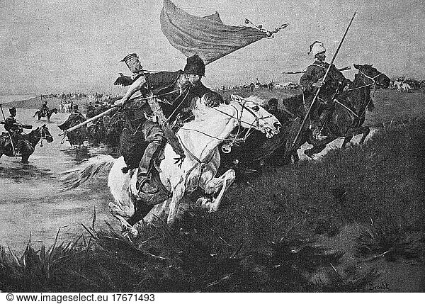 Kosaken überschreiten zu Pferde einen Fluss  russische Kosaken im 19. Jahrhundert  Historisch  digitale Reproduktion einer Originalvorlage aus dem 19. Jahrhundert
