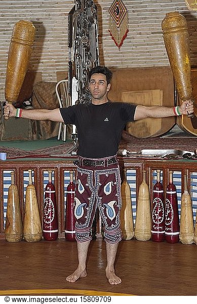 Koshti  traditional ritual training course for warriors in the Yazd Zourkhaneh known as gymnasium or House of Strength  Yazd  Iran  Asia