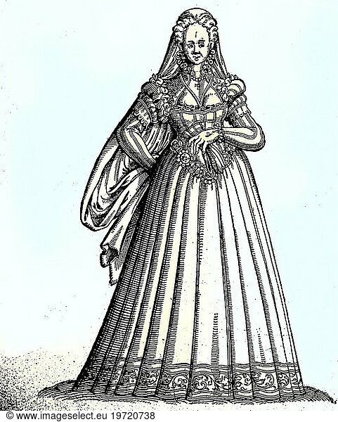 Kostüm der jungen Frauen in Rom  Kostümbild aus dem 16. Jahrhundert  digital verbesserte Reproduktion aus einer Publikation aus dem Jahr 1880  Costume of the young women at Rome  costume picture from the 16th century  digital improved reproduction from a publication of the year 1880