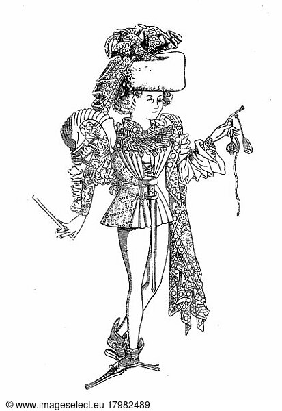 Kostüm eines Modenarr mit Crakows oder Crackowes  waren ein im 15. Jahrhundert sehr beliebter Schuhtyp mit extrem langen Zehen  Schellen  15. Jahrhundert  Modegeschichte  Kostümgeschichte  Historisch  digital restaurierte Reproduktion einer Originalvorlage aus dem 19. Jahrhundert
