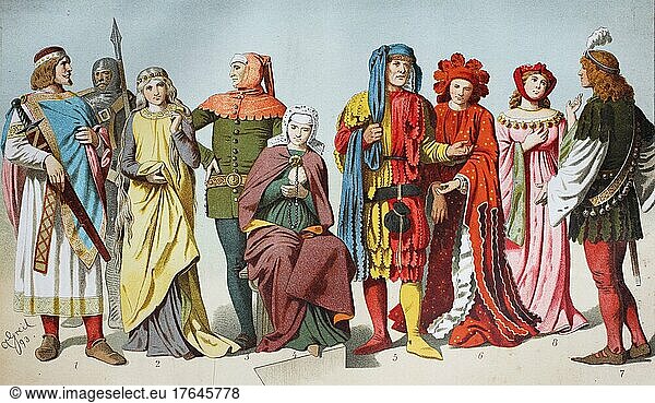Kostüme aus der Antike  dem Mittelalter oder dem Mittelalter  digital restaurierte Reproduktion einer Originalvorlage aus dem 19. Jahrhundert