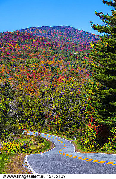 Kräftig gefärbtes Herbstlaub in den Bergen mit einer kurvenreichen Straße im Vordergrund; Quebec  Kanada