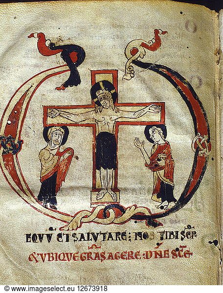 Kreuzigung. Miniatur im Missale parvum  Handschrift auf Pergament  ca. 1075 - 1100.