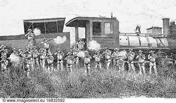 Krieg auf Kuba. Verteidigung eines von Aufständischen angegriffenen Zuges. Antike Illustration. 1896.