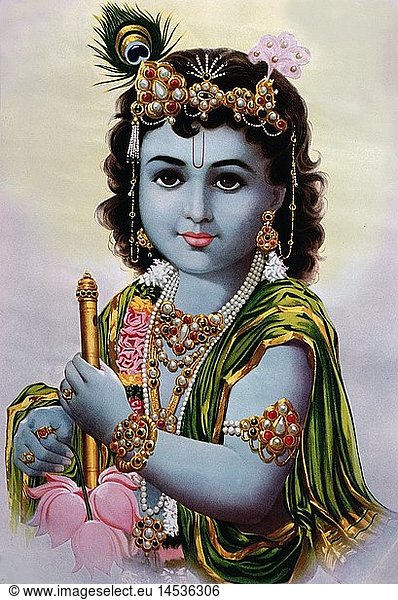 Krischna  indische Gottheit  achte Inkarnation von Wischnu  Portrait  GemÃ¤lde  20. Jahrhundert  Indien Krischna, indische Gottheit, achte Inkarnation von Wischnu, Portrait, GemÃ¤lde, 20. Jahrhundert, Indien,