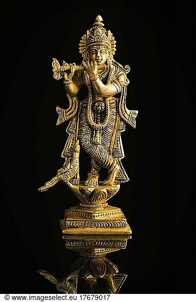 Krishna Gott Vishnu Avatar Messing Statue vorschwarz mit Reflexion